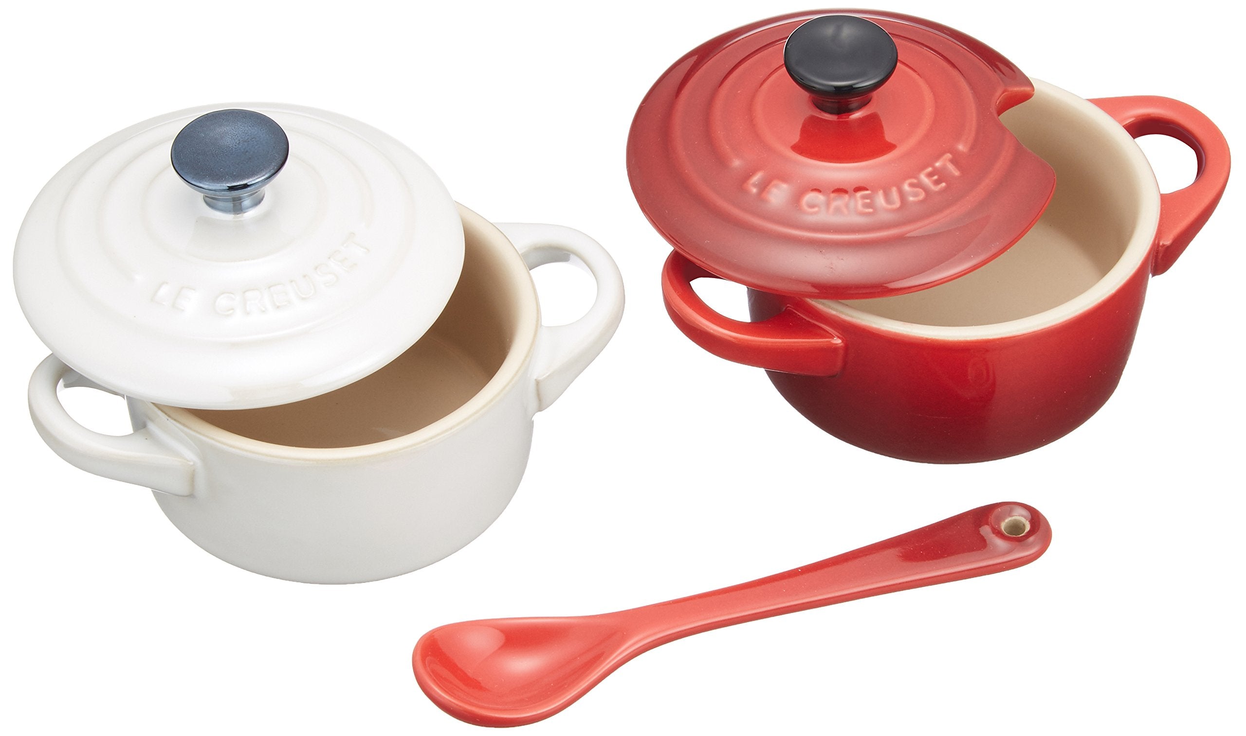 Le Creuset Heat-Resistant Petit Cocotte Container Pair with Spoon Red White- Japan Figure Store - #1 Bring To You The Best Japanese Goods