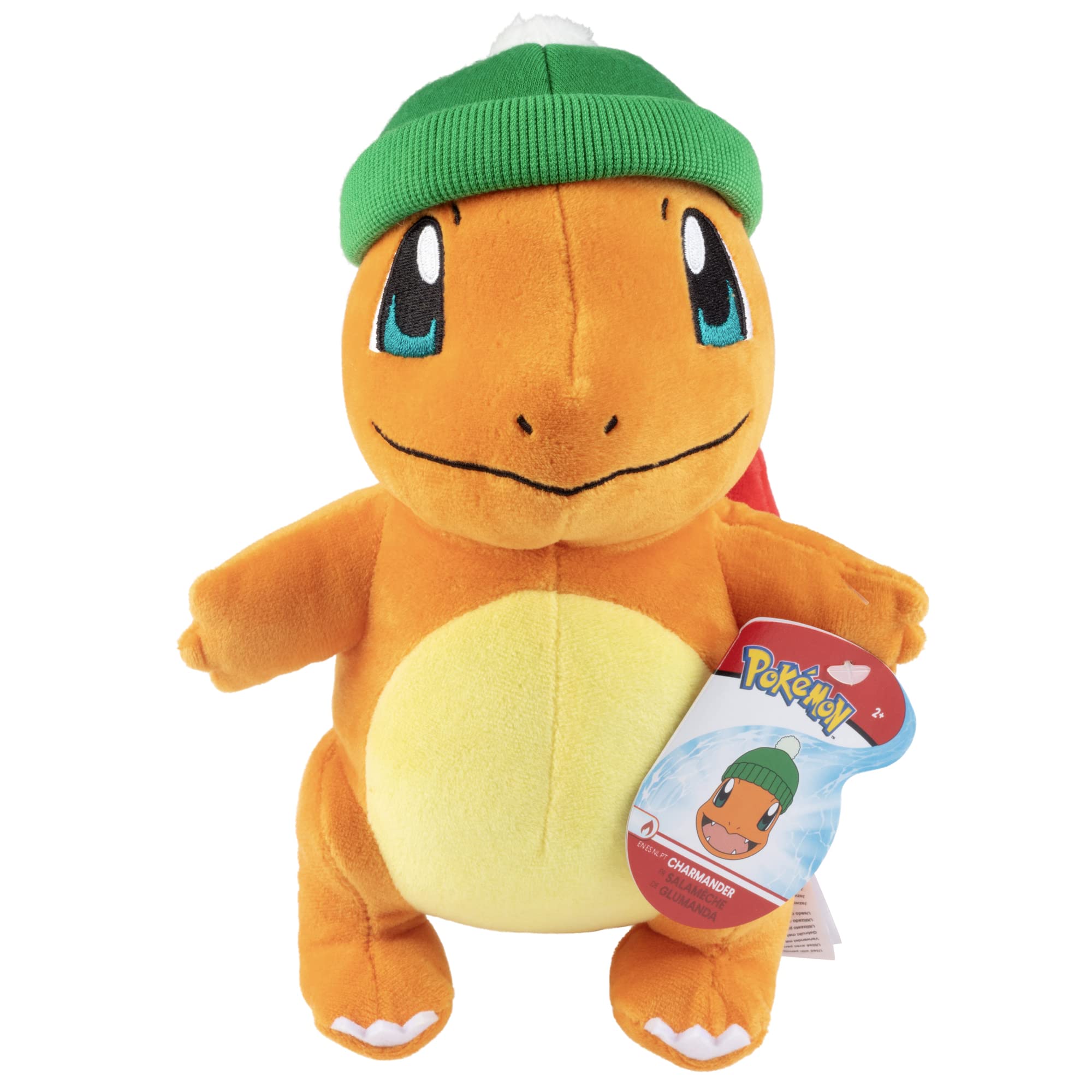 Pokémon Charmander en peluche de 20 cm (8 pouces) en édition de Noël avec chapeau d'hiver - Cadeau idéal pour les enfants