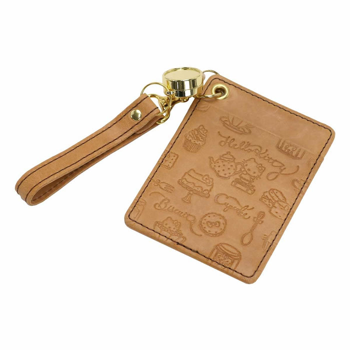 Sanrio Hello Kitty Genuine Leather Pass Case with Reel Strap Beige Cowhide- Japan Figure Store - #1 Bring To You The Best Japanese Goods