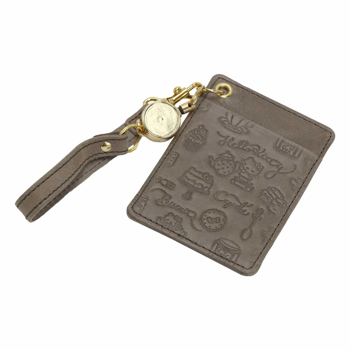 Sanrio Hello Kitty Genuine Leather Pass Case with Reel Strap for Women Gray- Japan Figure Store - #1 Bring To You The Best Japanese Goods