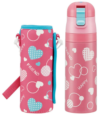 Skater Girl's Stainless Steel Water Bottle Heart Polka Dot Design 470ml with Cover- Japan Figure Store - #1 Bring To You The Best Japanese Goods