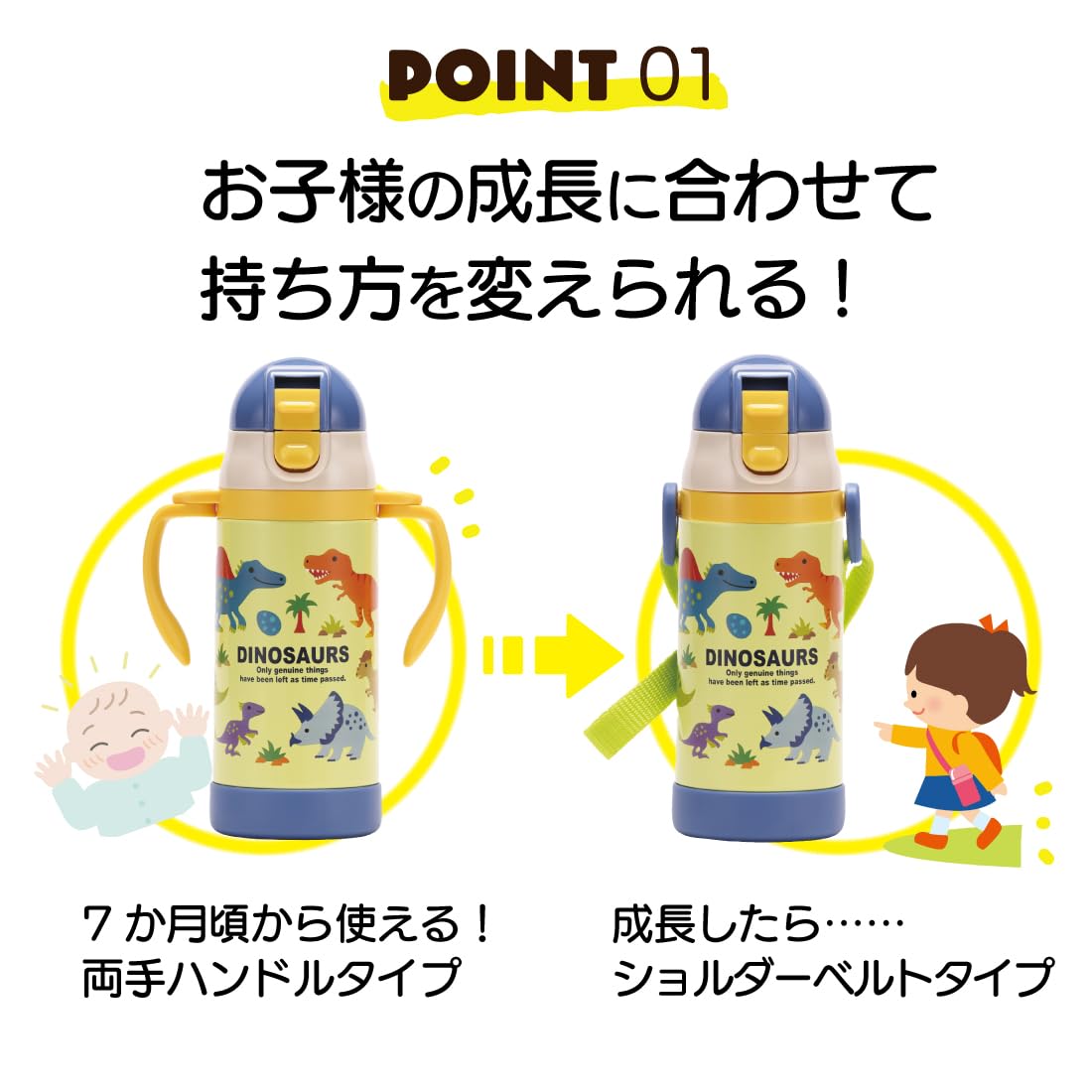 Skater 350ml Stainless Steel Baby Water Bottle with Straw Double-Handle Dinosaur Design- Japan Figure Store - #1 Bring To You The Best Japanese Goods