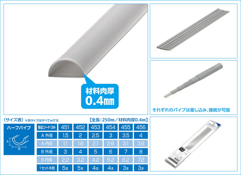Wave OM-452 Plastic Gray Half Pipe 2x4mm 5pcs Hobby Material- Japan Figure Store - #1 Bring To You The Best Japanese Goods