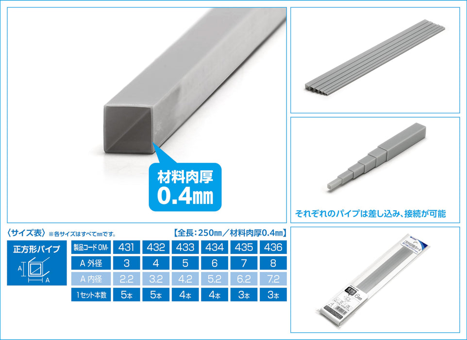 Wave Plastic Gray Square Pipe 5Mm 4Pcs OM-433- Japan Figure Store - #1 Bring To You The Best Japanese Goods